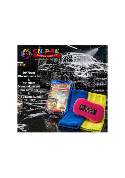 Silpak 3 Lü Araç Temizlik Seti 50x70 Mikrofiber Kurulama Bezi+diamond Cam Bezi+oto Yıkama Süngeri