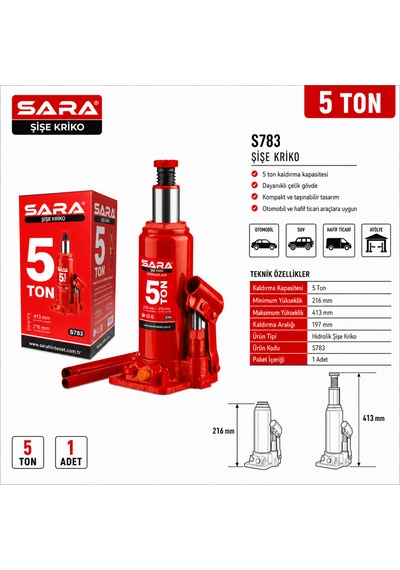 Sara S783 5 Ton Hidrolik Şişe Kriko Ağır Hizmet Araç Krikosu 216-413 Mm