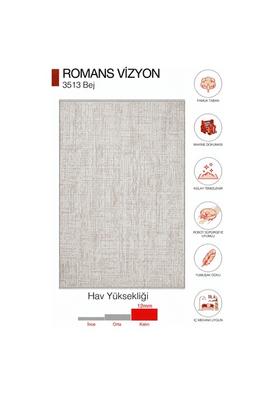 Romans Vizyon 3513 Bej Sade Dokulu Akrilik Salon Halısı Bej - Krem