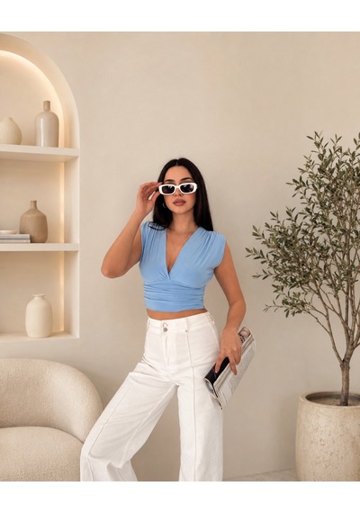 İkales Vatkalı Kolsuz V Yaka Drapeli Crop Bluz Likralı Fit Bebek Mavisi