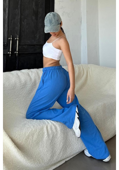 Madmext Saks Beli Büzgülü Wide Leg Kumaş Pantolon Mg1950 Saks