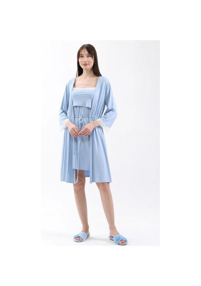 Luvmabelly Myra9651 Sabahlıklı Önden Bölmeli Dantelli Emzirme Geceliği -mavi-mavi