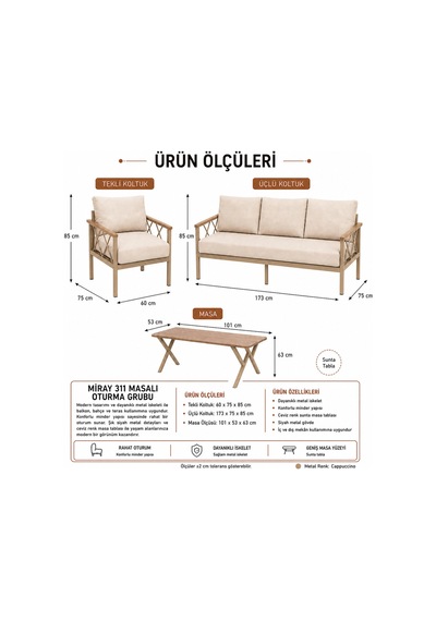 Miray Cappuccino Metal 311 Masalı Bej Balkon Bahçe Oturma Grubu Minderli Metal Bahçe Mobilyası Takımı Miray Cappuccino Metal 311 Masalı Bej Balkon Bahçe Oturma Grubu Minderli Metal Bahçe Mobilyası Takımı