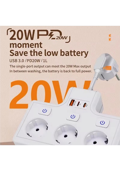 Termal Akım Korumalı 3 Lü Duvar Tipi Priz 1x Usb 2x Type-c Çıkışlı Grup Priz Çoğaltıcı 3500w 1