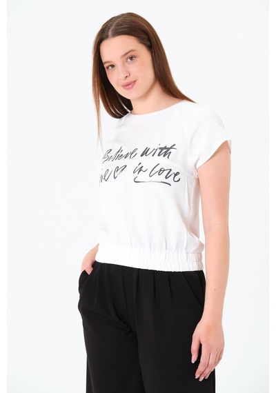 Sortie Collection Reglan Kollu Yazı Baskılı Beli Lastikli Bluz Ekru