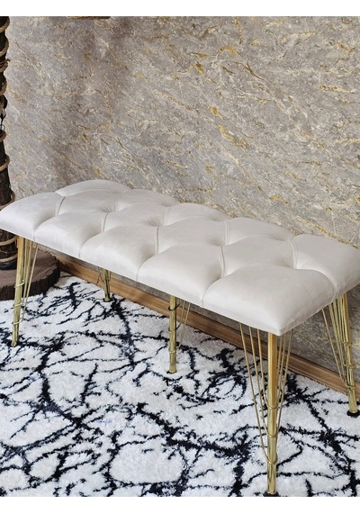 Zafir Metal Gold Tel Ayaklı 100 Cm Puf Bench - Puf - Bench - Oturak - Mutfak Oturağı - Antre Oturağı Krem