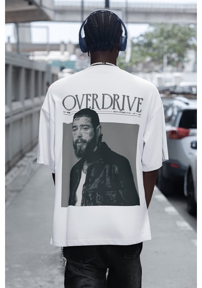 Overdrive Post Malone Sırt Baskılı Unisex Oversize Rapper Şarkıcı Beyaz