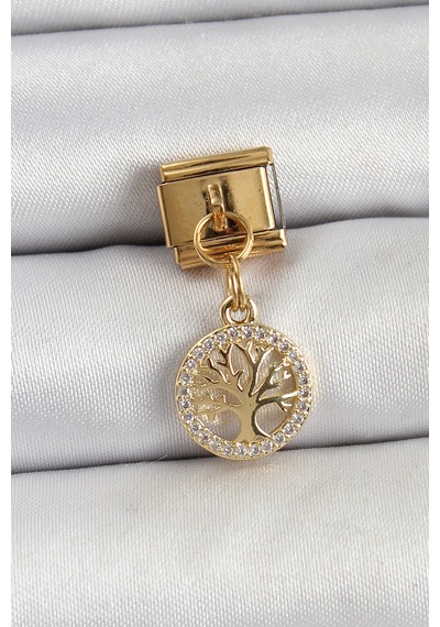 316l Çelik Sallantılı Zirkon Taşlı Hayat Ağacı Model Gold Renk Nomination Charm Altın
