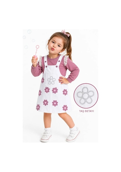 Nota Kids Kız Çocuk Çiçek Desenli Jile Elbise Takım Dantel Kollu Pudra Sweatshirt Ve Askılı Elbise Beyaz