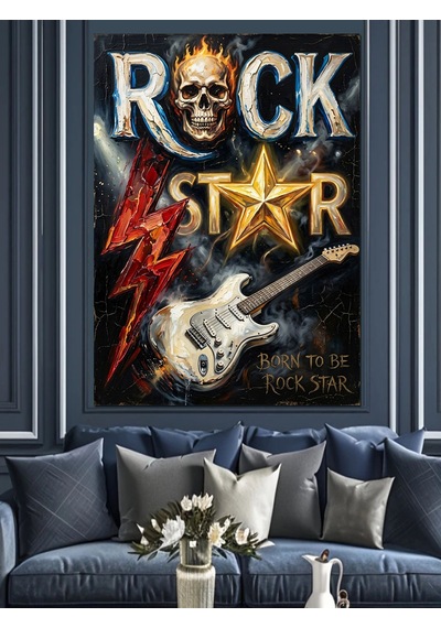 Rock Star Yazılı İskelet Ve Gitar Dekoratif Kanvas - Mdf Ahşap Tablo