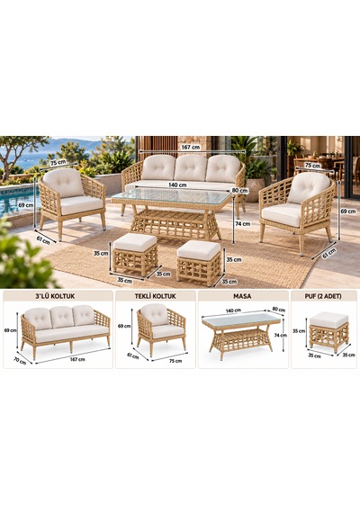 Rattan Bahçe Ve Balkon Takımı Royal Model 3+1+1 Krem Rattan Bahçe Ve Balkon Takımı Royal Model 3+1+1 Krem