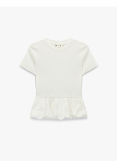 Koton Slim Fit Kısa Kollu Bisiklet Yaka Balon Peplum Tişört Ekru 6sal10578ık