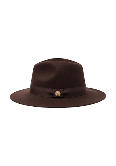Tezzgelsin Kadın Metal Düğme Detaylı Kurdele Şeritli Kaşe Fedora Fötr Şapka Kahverengi