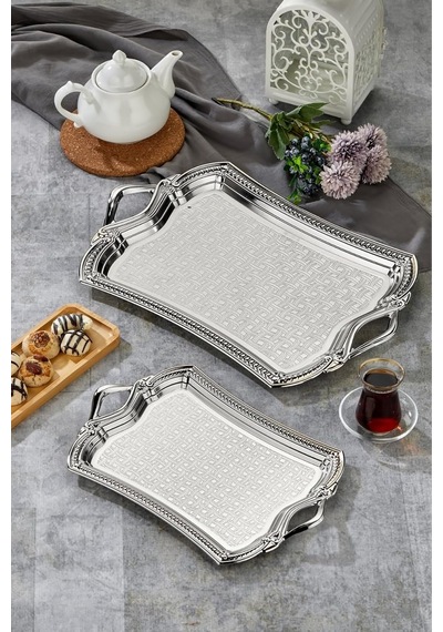 Tr Evenia Metal Dikdörtgen Gümüş Sunum Tepsisi, 2'li Set, 49x30 Cm Ve 37x23 Cm Genel
