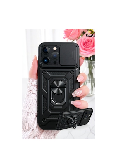 Fibaks iPhone 15 Pro Max Uyumlu Kılıf Kamera Korumalı Sürgülü Yüzüklü Armor Military Koruyucu Tank Kapak