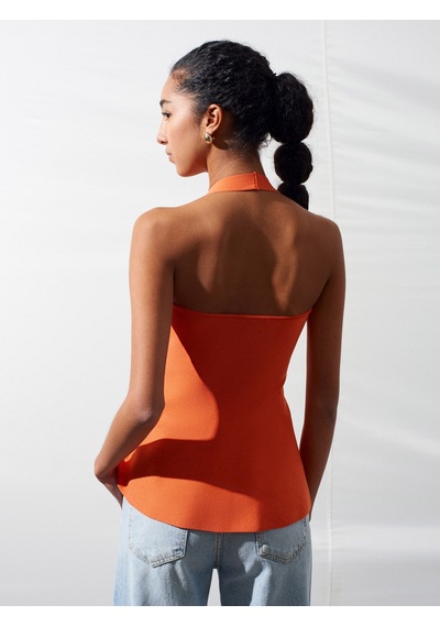 Dilvin 10787 Halter Yaka Metal Detaylı Peplum Triko Bluz-oranj Dilvin 10787 Halter Yaka Metal Detaylı Peplum Triko Bluz-oranj