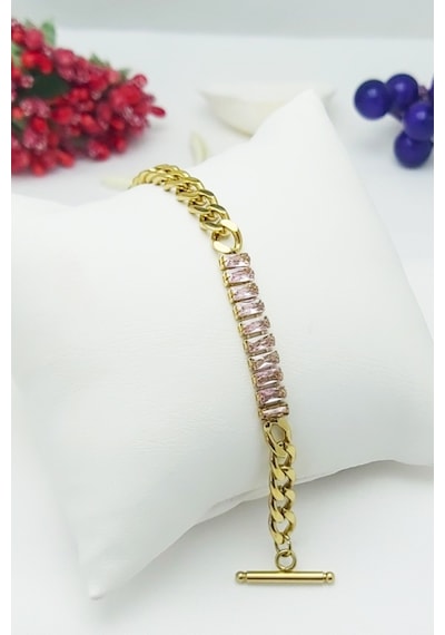Altın Kaplama Seri Kararmaz Pembe Baget Taşlı Künye Zincir Gold