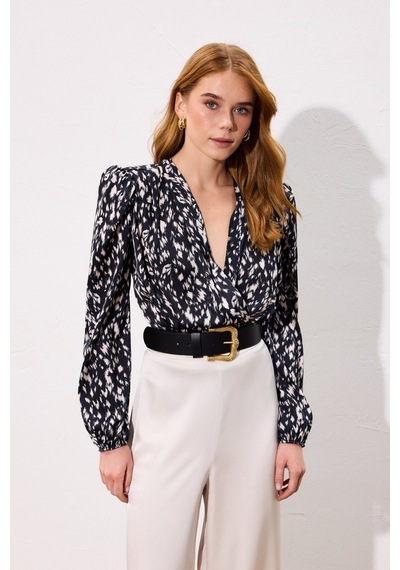 Sateen Kruvaze Bodysuit Bluz - Siyah-136747 Siyah