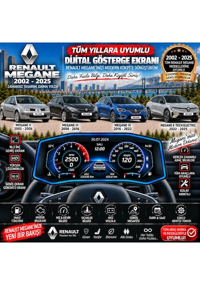 Renault Megane 2002-2025 Uyumlu Digital Gösterge Odb Ekran Arıza Göstergesi Turbo Gösterge Hayalet Ekran