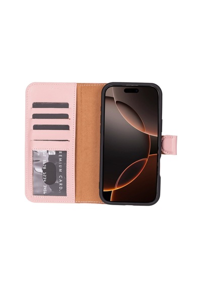 Cüzdan Taşıma Derdi Olmadan İphone 16 Pro Uyumlu Hakiki Deri El Yapımı Kart Yuvalı Kılıf Toz Pembe siyah