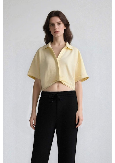 Defacto Cropped Fit Gömlek Yaka Keten Görünümlü Kısa Kollu Bluz C7799ax25sper135 Ekru