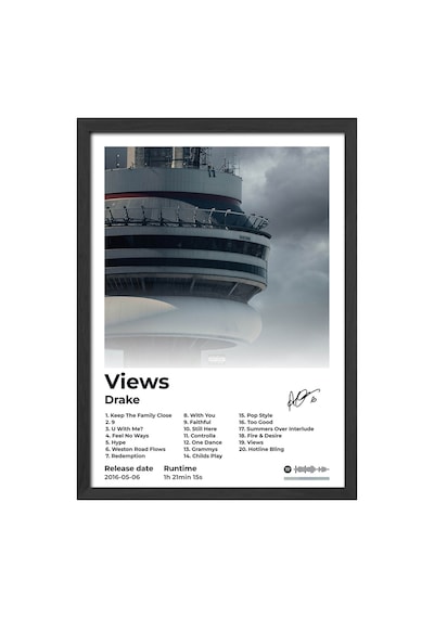 Drake Views Siyah Ahşap Çerçeveli Poster, Dekoratif Müzik Albüm Duvar Tablosu