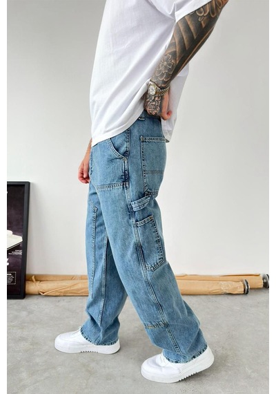 Buz Mavi Patch Tasarım Detaylı Ekstra Bol Baggy Pantolon