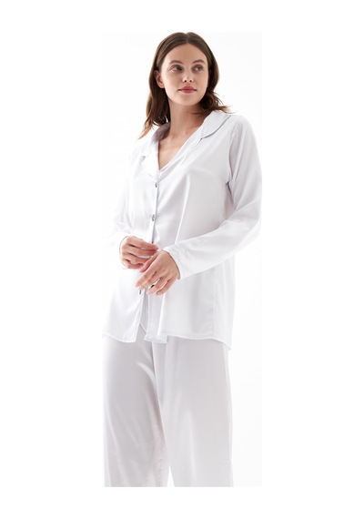 Akbeniz Kadın Beyaz Oversize Saten Pijama Takımı