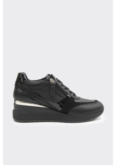 Derinet Yüksek Taban Hakiki Deri Kadın Sneaker Siyah Siyah