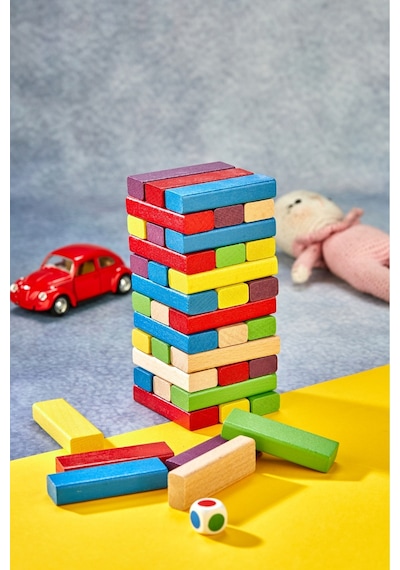 Tower Renkli Jenga Büyük Boy Doğal Ahşap Denge Oyunu Kule Oyunu Tower 54 Adet