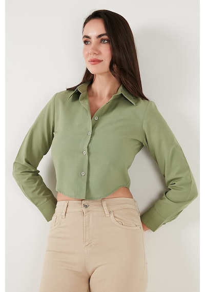 Lela Pamuk Karışımlı Slim Fit Uzun Kollu Crop Bayan Gömlek 6777336 Haki
