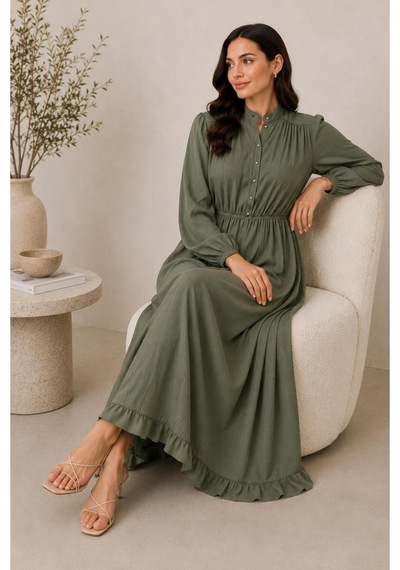 Hira Life Fashion Kadın Çilek Kumaş Ve Önü Düğmeli Eteği Fırfırlı Hakim Yaka Elbise Haki Haki Hira Life Fashion Kadın Çilek Kumaş Ve Önü Düğmeli Eteği Fırfırlı Hakim Yaka Elbise Haki Haki