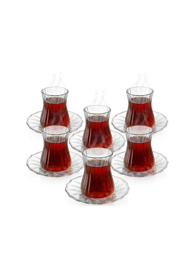 12 Parça Çay Seti - 6 Adet Fitil Desenli Cam Çay Bardağı Ve 6 Adet Cam Çay Tabağı - Isıya Dayanıklı Çay Tak Diğer