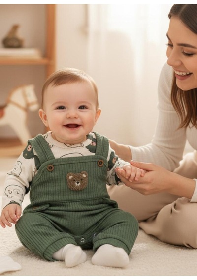 Altıntaş Baby Ayı Nakışlı Bebek Tulum Yeşil Yeşil