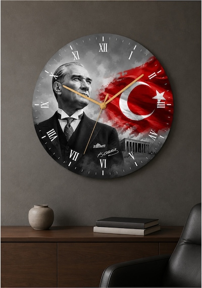 AA Shop Atatürk Temalı Baskılı Dekoratif Baskılı Ahşap Duvar Saati Sessiz Akar Mekanizmalı 806 Çoklu Renkli