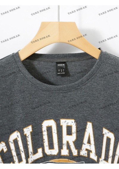 Flood Of Style Crop Ckod-232913 Harf Grafikli Düşük Omuz Kısa Koyu Gri
