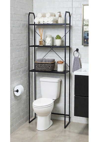 Metal Ayaklı 3 Raflı Banyo Rafı Klozet Üstü Dekoratif Raf Siyah