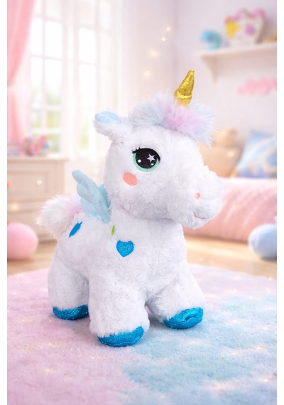 Kanatlı Boynuzlu Unicorn Pony Peluş Oyuncak 35 Cm Mavi