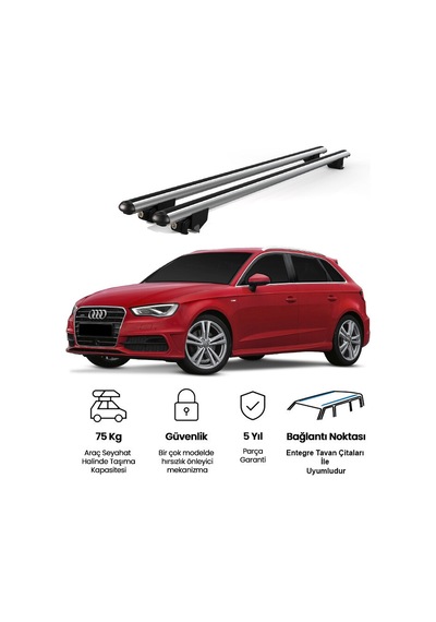 Kanca Audi A3 Sportback 2004-2013 Uyumlu Gri Kilitli Ara Atkı 120cm Port Bagaj Tavan Barı
