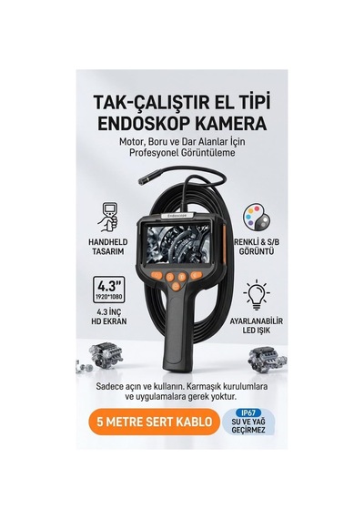 Profesyonel Endoskop Kamera Monitörlü El Tipi / 5 Metre Genel