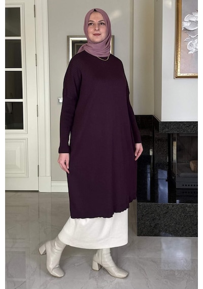 Rabia Şamlı Dora Triko Tunik Mürdüm Çok Renkli