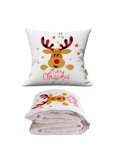 Merry Christmas Baskılı Dekoratif Yastık Kırlent Opsiyonel Battaniye 2 İn 1 Çok Renkli