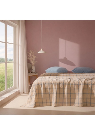 Soft Grid Çift Kişilik Pike - Bej / Mavi - 200x230 Cm Renkli