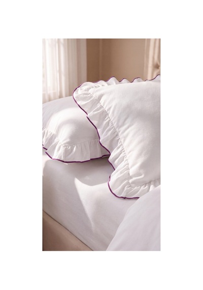 %100 Pamuk Overloklu Fırfırlı Çift Kişilik Nevresim Takımı Lastikli Çarşaflı 200x220 Cm Mor - 904804703 Mor