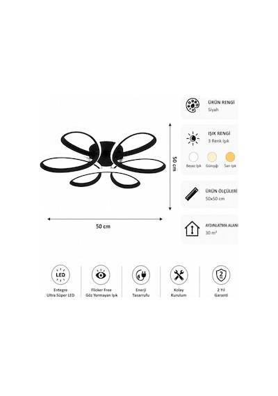 Niva Led Plafonyer Avize 3 Renk Kumandalı Siyah