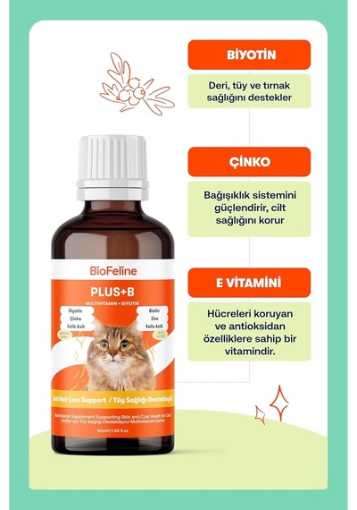 Kediler İçin Plus B Damla 50ml Ve Tüy Dökülmesini Engelleyici Biotinli Tüy Sağlığı Damlası