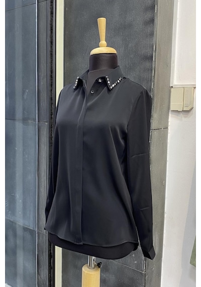 Pera Moda Yakası Taşlı Basic İç Göstermeyen Şık Gömlek Siyah