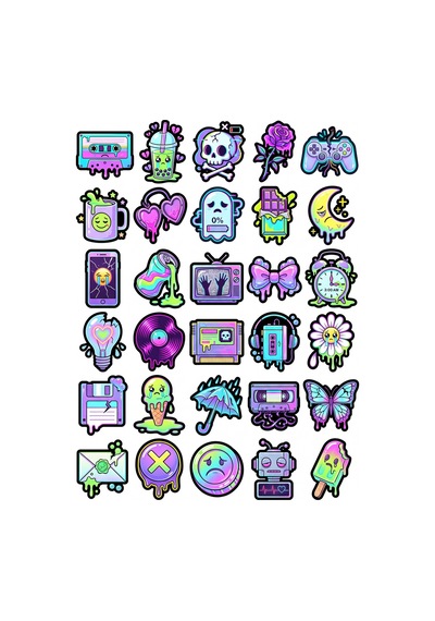 30 Adet Pastel Goth Sticker Seti - Laptop Telefon Defter İçin Çok Renkli