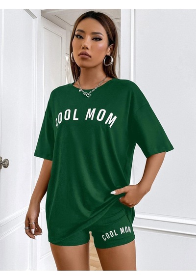 Cool Mom T-shirt - Yeşil Baskılı Oversize Bisiklet Yaka Kısa Kol Tişört Yeşil