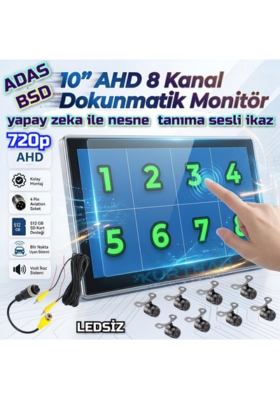 8 Adet Ledsiz Ahd 720p Kelebek Kamera 8 Ch 10 İnç Dokunmatik Ekran 512 Gb Dvr Adas Bsd 12 Volt
